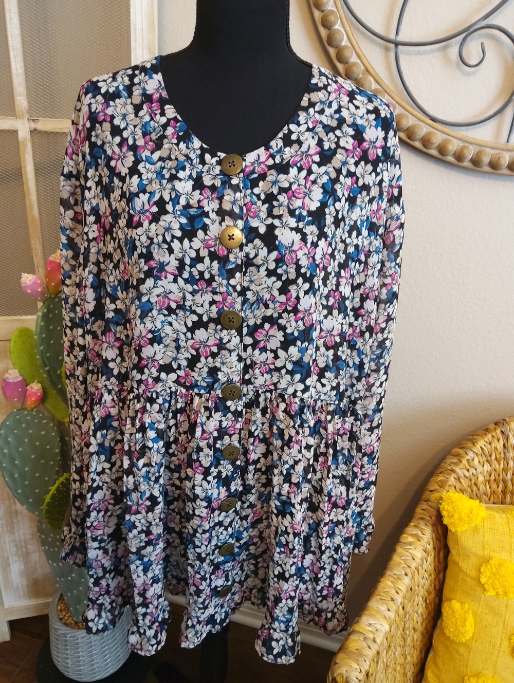 Terra & Sky Black Floral Button-Front Top with Pink & White Blossoms - Picture 5 of 12